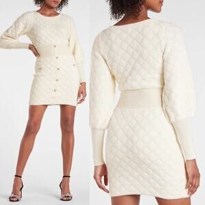 Express Embellished Button Front Mini Sweater Dress in Ivory/Off White